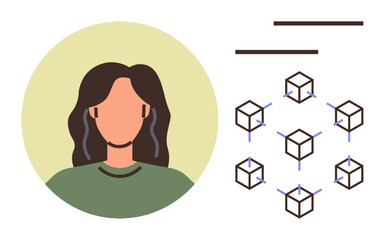 Woman s portrait beside interconnected blockchain nodes. Ideal for technology, innovation, teamwork, decentralization, data security, digital transformation, and blockchain education. Simple flat