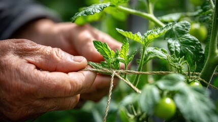 Close-up of hands carefully tying a plant stem with string, showcasing the care and attention given to nurturing a tomato plant in a garden setting.