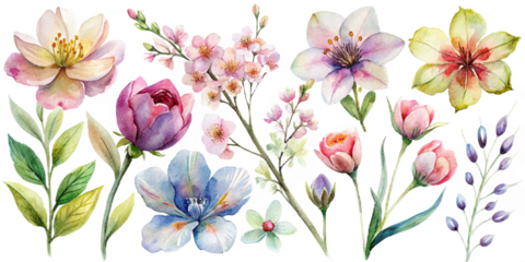 Watercolor illustration of various blooming flowers and leafy stems on a transparent background created with generated ai