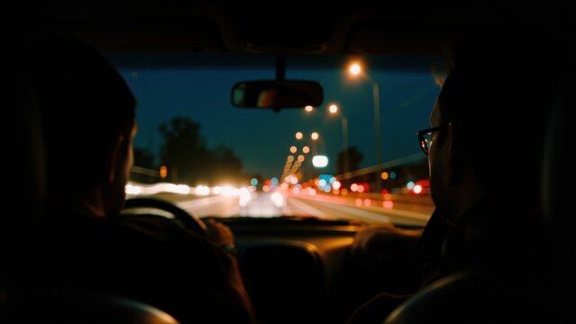 Two men driving car on highway at night