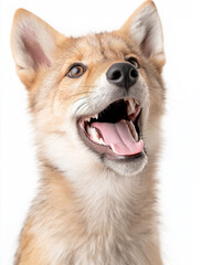 Fototapeta premium Happy Shiba Inu puppy smiling with ears up and tongue out in a cute portrait