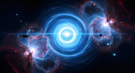 "Spaceships flying through a luminous blue energy vortex in deep space, surrounded by vibrant nebulae and shining stars, cosmic exploration."