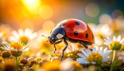 Fototapeta premium Ladybug on flowers in golden light