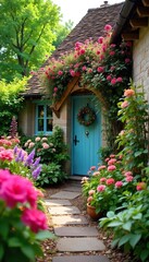 Charming English cottage garden overflowing with vibrant blooms, rustic stone walls, and a quaint wooden gate  Perfect for home decor, travel, and lifestyle projects ,  rustic,  retro,  heritage