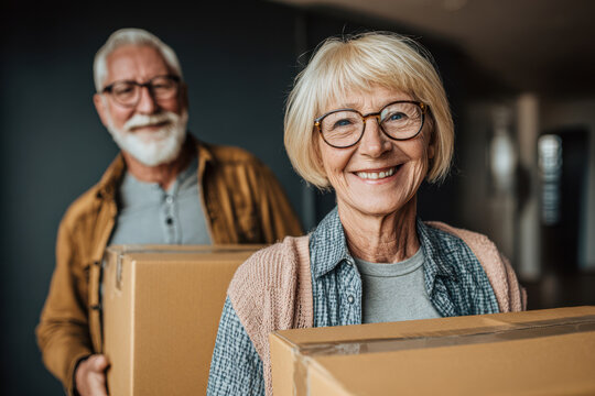 Smiling senior couple carrying boxes while moving into new home during retirement or relocating to care home