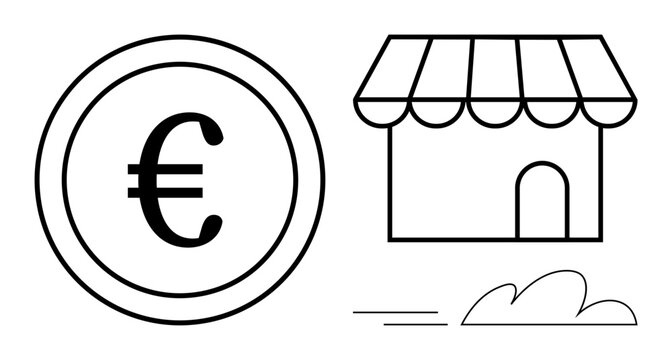 Euro coin and shop with awning, suggesting commerce, local business, and monetary exchange. Ideal for finance, trade, retail, economy investment savings entrepreneurship. Simple flat metaphor