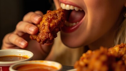 Woman eating delicious crispy fried chicken with dipping sauce
