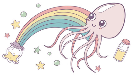 Charming SVG of a Sleepy  Cuttlefish, styled in a Rainbow theme with Pastel Rainbow hues