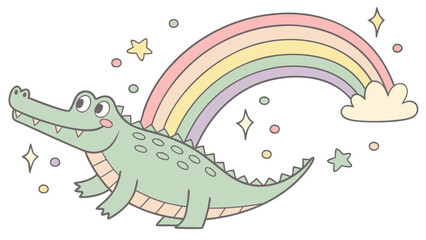Playful Happy  Crocodile design with Pastel Rainbow shades in a Rainbow setting