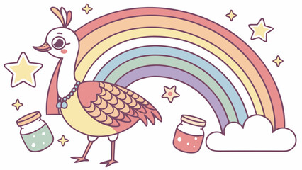 Delightful Peaceful  Bustard in a Rainbow scene – Pastel Rainbow vector illustration