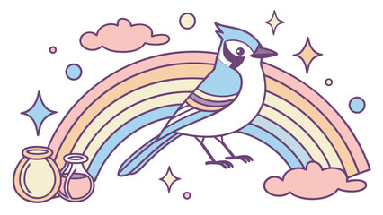 Pastel Rainbow colored  Blue Jay with a Curious touch, placed in a Rainbow theme