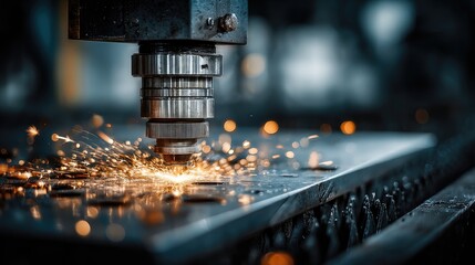 Industrial metal cutting machine in action