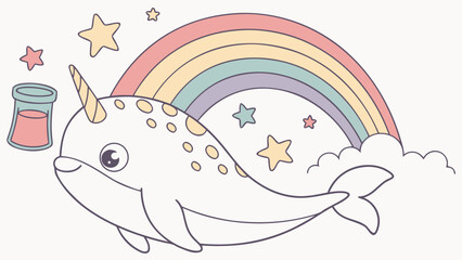 Pastel Rainbow colored  Beluga Whale with a Content touch, placed in a Rainbow theme
