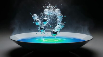 Futuristic soup in white bowl with glowing blue liquid, molecular crystalline structures hovering above, mist and neon light, concept of future gastronomy and culinary innovation - Powered by Adobe