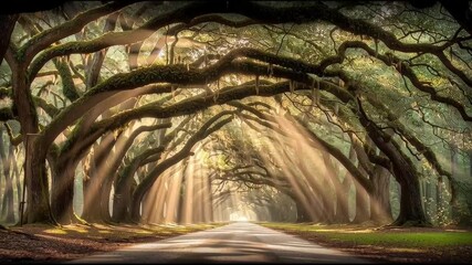 Enchanting southern road through magical oak tree tunnel. Serene nature canopy with dramatic morning light and sunbeam - Powered by Adobe