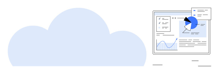 Large blue cloud beside a dashboard with graphs, pie charts, and data panels. Ideal for cloud computing, analytics, data management, SaaS, remote work, business tools simple landing page