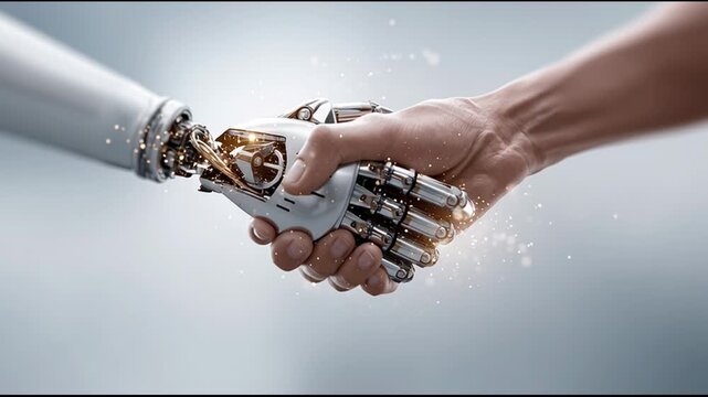 Robot and human hand in handshake hopeful symbol of future partnership and collaborative technology connection