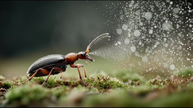 Powerful bombardier beetle insect on green moss releases hot chemical spray, stunning display of natures defense