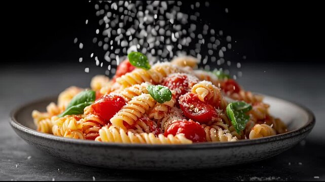 Delicious fusilli pasta with savory tomato sauce, fresh basil and an appetizing final sprinkle of grated cheese