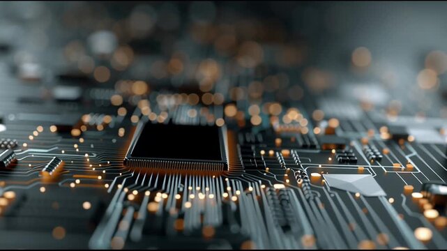 Powerful CPU and processor microchip on futuristic circuit board processing glowing digital data for modern technology