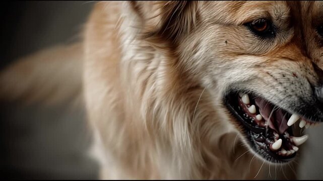 Dramatic closeup of fierce, aggressive dog with dangerous snarl. Angry animal showing bared teeth, ready to bite