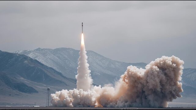 Powerful rocket launch for space exploration from desert base, igniting sky with massive cloud of dramatic smoke