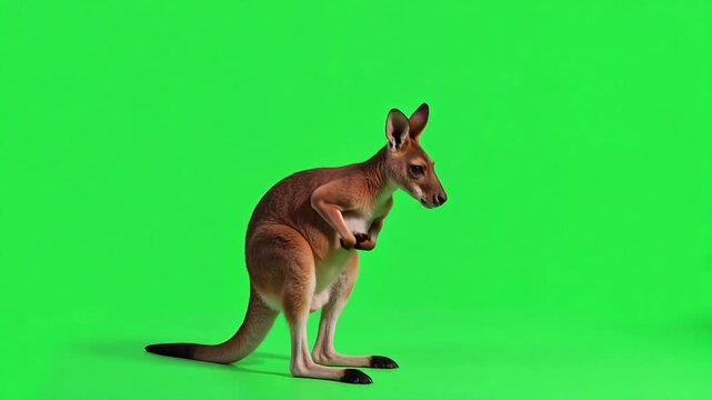 Captivating kangaroo stands alert on vibrant green screen background, ready for dynamic visual effects and storytelling.