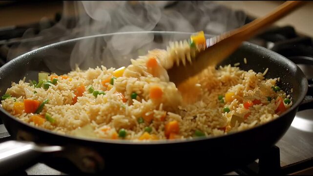 Stirring aromatic vegetable rice pilaf in hot pan. savory cooking process for satisfying dinner food meal