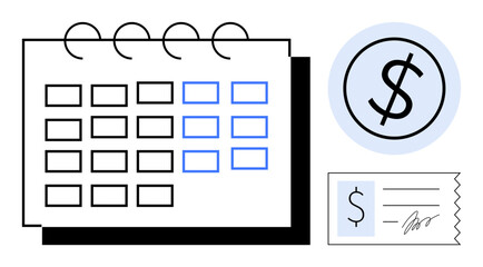 Calendar with highlighted dates, dollar sign in a circle, and signed check indicating scheduled payments and budgeting. Ideal for finance, planning, deadlines, economy, organization, accounting