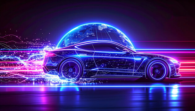 The sport car is composed of illuminated blue lines and points, with radiant light