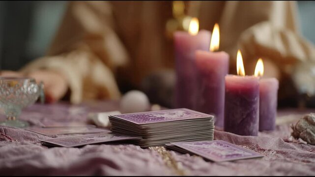 Mysterious tarot card divination session for fortune and future prediction. spiritual ritual with glowing purple candle light