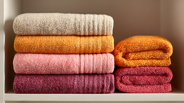 Neatly Stacked Pink and Orange Bath Towels on White helf