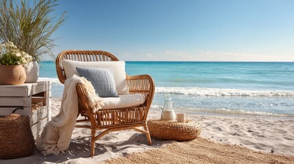 Beachside wicker chair, comfy and serene