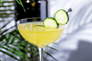 Enjoy cucumber gimlet cocktail drink with gin, syrup, lime juice and cucumber wheels with steel bar tools