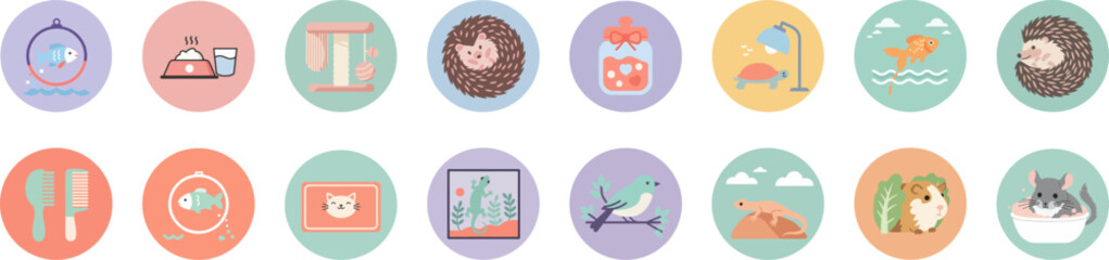 Set of 16 round pastel pet care icons in circular badges