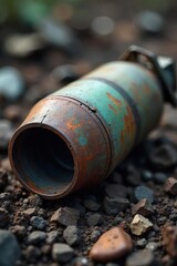 Close-up of a rusty, discarded bomb casing, remnants of conflict and destruction, symbolizing the lingering threat of weapons , threat, old