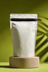 White stand-up pouch on a light beige pedestal against a lime green background