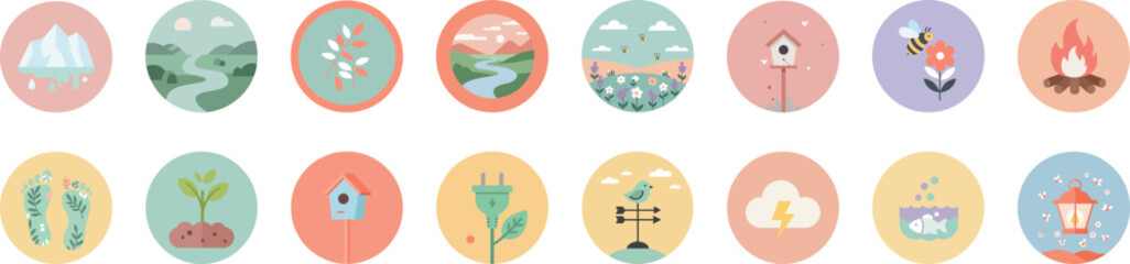 Set of 16 nature-themed icons in round badges with pastel gradient backgrounds