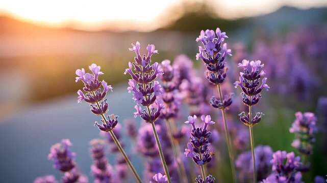 Gentle breeze rustling through lavender field as sun sets, creating a calming and aromatic atmosphere perfect for wellness and relaxation videos