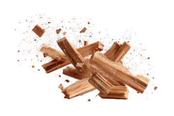 Wood pieces exploding in a dynamic display