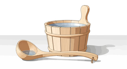 Illustration of traditional sauna accessories, wooden bucket and ladle