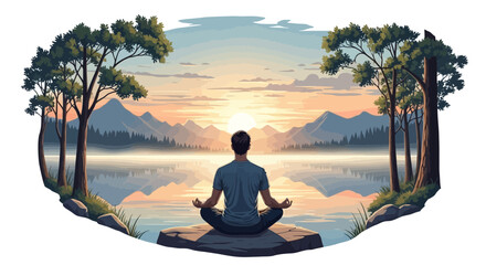 Serene meditation scene at tranquil lakeside at sunrise, achieving inner peace