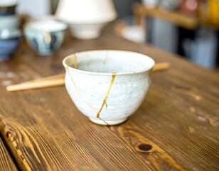 Light gray ceramic bowl with golden cracks on a wooden table
