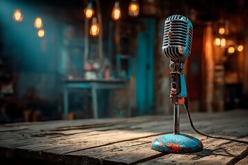 Music stage spotlight on vintage microphone stand high resolution picture