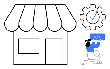 Small storefront with canopy, gear with checkmark for approval, woman coding on laptop. Ideal for business setup, web development, e-commerce, software creation, approval process, entrepreneurship