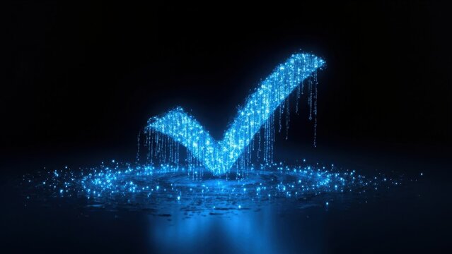 Blue glowing check mark dripping particle on dark background