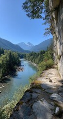 Mountain river vista from cliffside trail