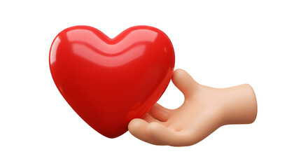 3D cartoon hand holding a red heart shape, symbol of love and care concept