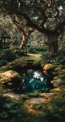 Lush forest garden with tranquil pool