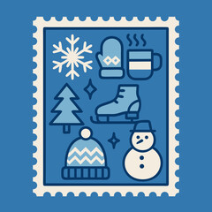 Obraz premium Cozy winter holiday stamp showing snowman, mittens, ice skates, hot drink, snowflake, hat, and Christmas tree.